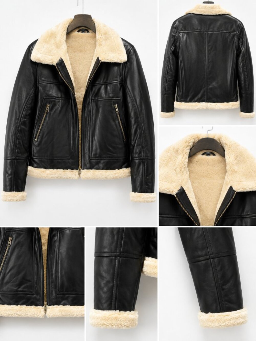 Elegant Black and Cream Shearling Leather Jacket